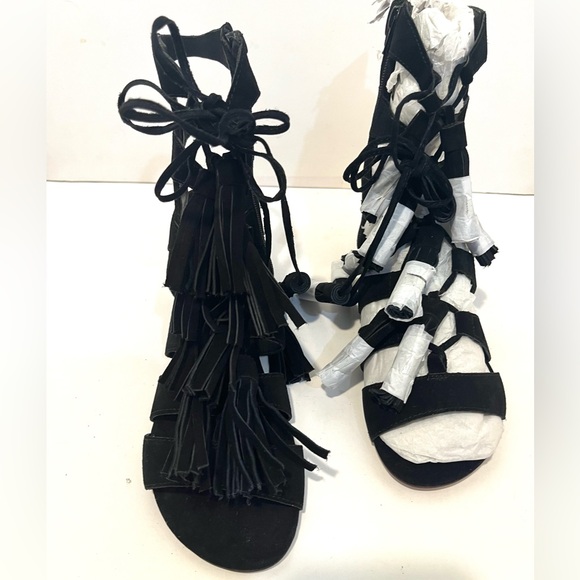 JEFFREY CAMPBELL REDONDO Black Fringe Low Heel Flat Gladiator Sandal 7.5 - Picture 6 of 14